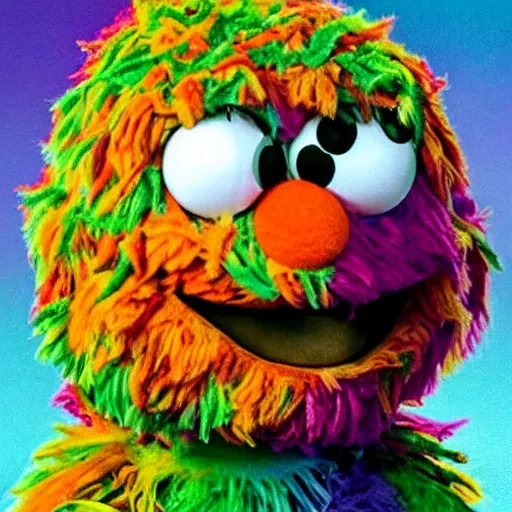 Prompt: psychadelic portrait of Elmo from Sesame Street high off of his gourd