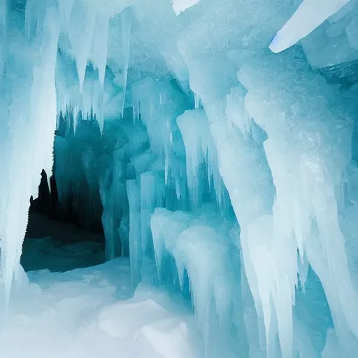 Image similar to an ice cave in iceland, glacial ice, yakutsk frozen ice cave, stalagmites, icicles, deep cave