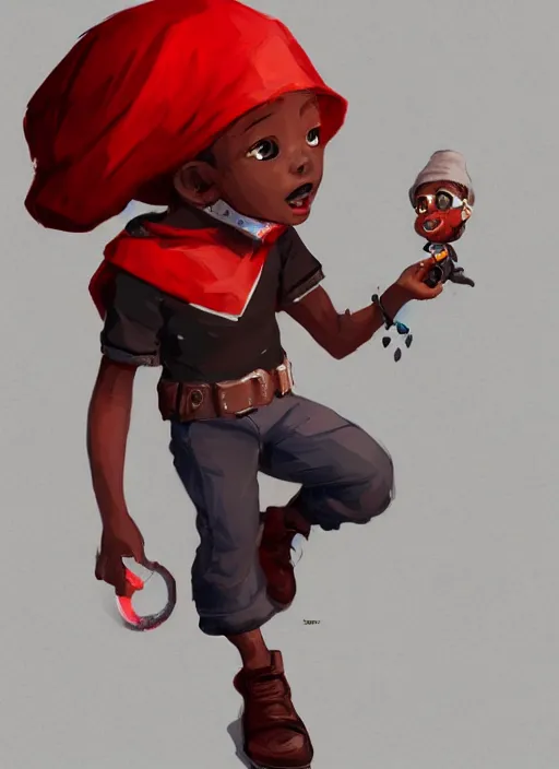 Image similar to a highly detailed illustration of a little black boy and has only one leg, red hood and a pipe smoking in his mouth, cute, highly detailed, centered, digital painting, artstation, concept art, smooth, sharp focus, league of legends concept art, wlop