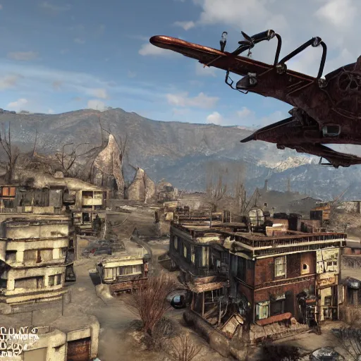 Image similar to a vertibird from Fallout flying over a steampunk village