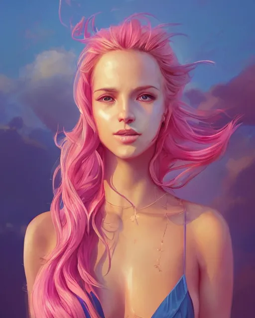 Prompt: summer vibes, beautiful sun tanned goddess portrait, flowy pink hair, sun, summer, cinematic lighting, highly detailed, digital painting, trending on artstation, pixiv, concept art, sharp focus, illustration, art by ross tran and wlop