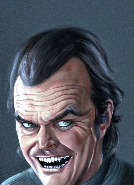 Prompt: young jack nicholson as jack torrance from the shining ( 1 9 8 0 ) portrait illustrated by rossdraws, calm depressed expression, vivid colors, soft lighting, digital artwork 4 k, best of artstation