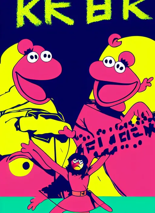 Image similar to poster artwork by Michael Whelan and Tomer Hanuka, The Muppet Show, Kermit and Miss Piggy karate fight scene from Kill Bill, pop art poster, vector art, poster artwork by Michael Whelan and Tomer Hanuka