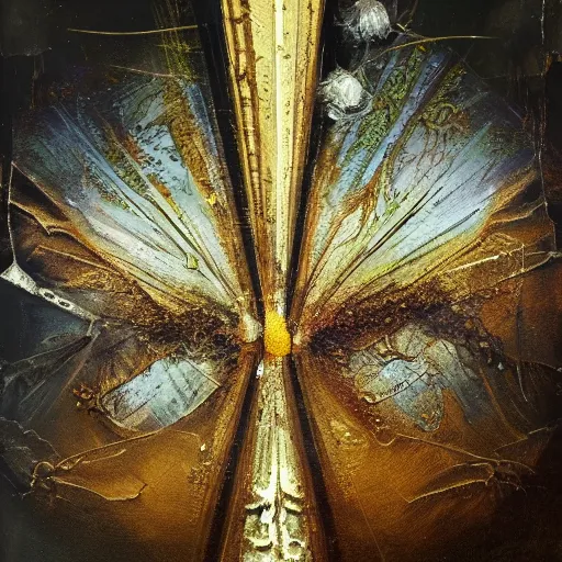 Image similar to the merge, clear crystals embedded, gold trim, faded worn, decay texture, the merge, hyper realistic, intricate concept art painting, quantum fantasy, the merge, super merge, narrative nature, grotesque dark, the merge,