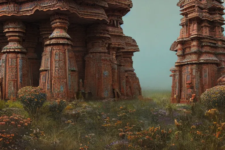 Image similar to photography of a beautiful archipelago of never seen before stunning ancient indian temple. intricate pilars patern, runes. flowers. inspiring science fiction, intricate, elegant, uplifting, inspirational, highly detailed by beksinski and simon stalenhag