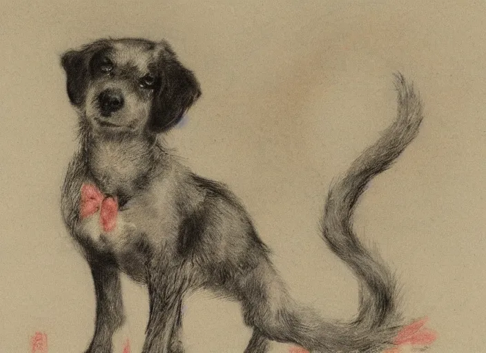 Image similar to Louis Icart, an old elaborate colored drawing of a puppy ghost by Louis Icart, highly detailed, masterpiece