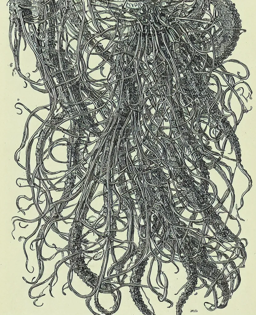 Prompt: historic scientific illustration of a species of jellyfish by ernst haeckel