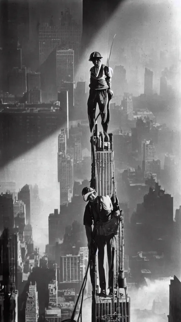 Prompt: empire state building worker in 1 9 3 1 by lewis hine in 1 9 3 1. black and white, low contrast, 8 k, frontlight, soft lighting, - c 7