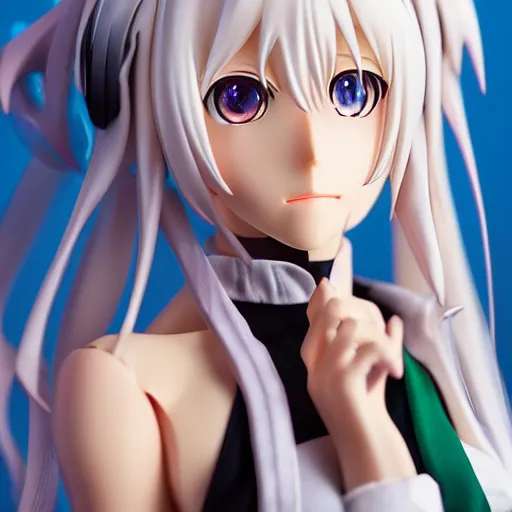 Image similar to High definition professional photograph of vocaloid figure, beautifully detailed and lights. Highly detailed and pretty face and eyes