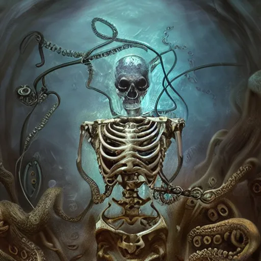 Prompt: underwater photography of a steampunk human skeleton in symbiosis with octopus technology, bioluminescence, bloom, by victor grasso and brad woodfin, digital illustration