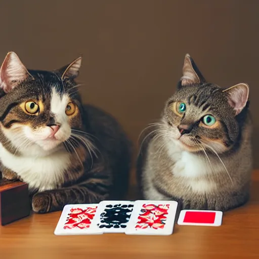 Prompt: studio photo of two cats playing cards