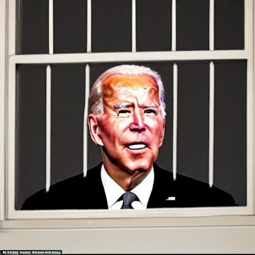 Prompt: zoomed out photo of joe biden with red eyes staring through a window in the middle of the night, horror dark setting