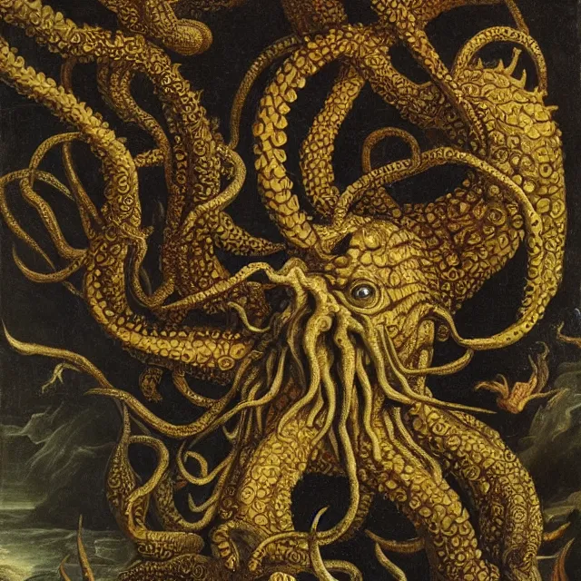 Prompt: a cthulhu monster, flemish baroque painting by jan van kessel the younger, black background, intricate high detail masterpiece