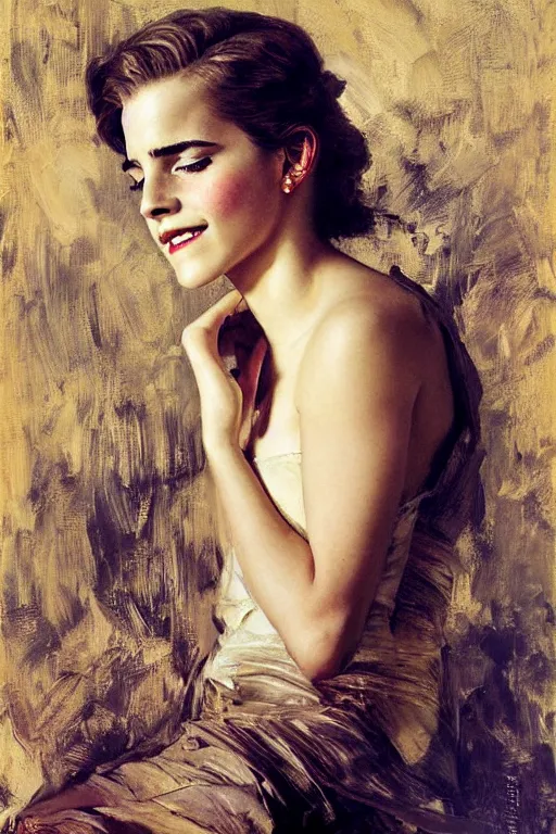 Prompt: emma watson smiling closed eyes detailed portrait painting by gaston bussiere craig mullins j. c. leyendecker photograph by richard avedon peter lindbergh