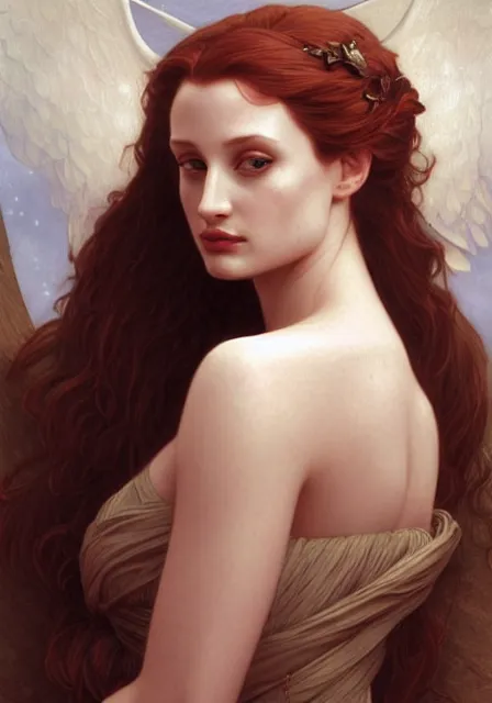 Prompt: sansa angeline jolie gessica chastain sea, intricate, elegant, highly detailed, digital painting, artstation, concept art, smooth, sharp focus, illustration, art by artgerm and greg rutkowski and alphonse mucha and william - adolphe bouguereau