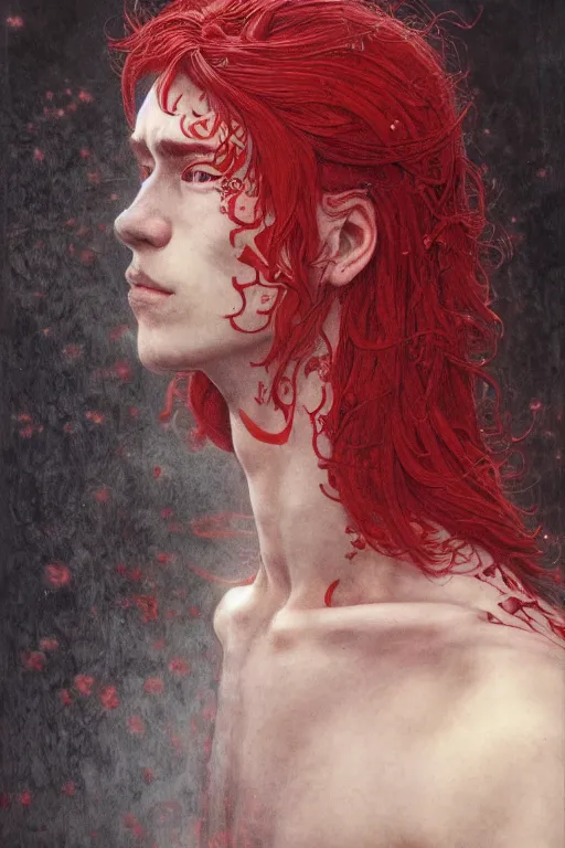 Image similar to portrait of beautiful young man, warhammer, japanic style, cyberpunk, a lot of scars, more and more flowers, red head, the middle ages, highly detailed, artstation, illustration, art by jean delville, 8 k quality