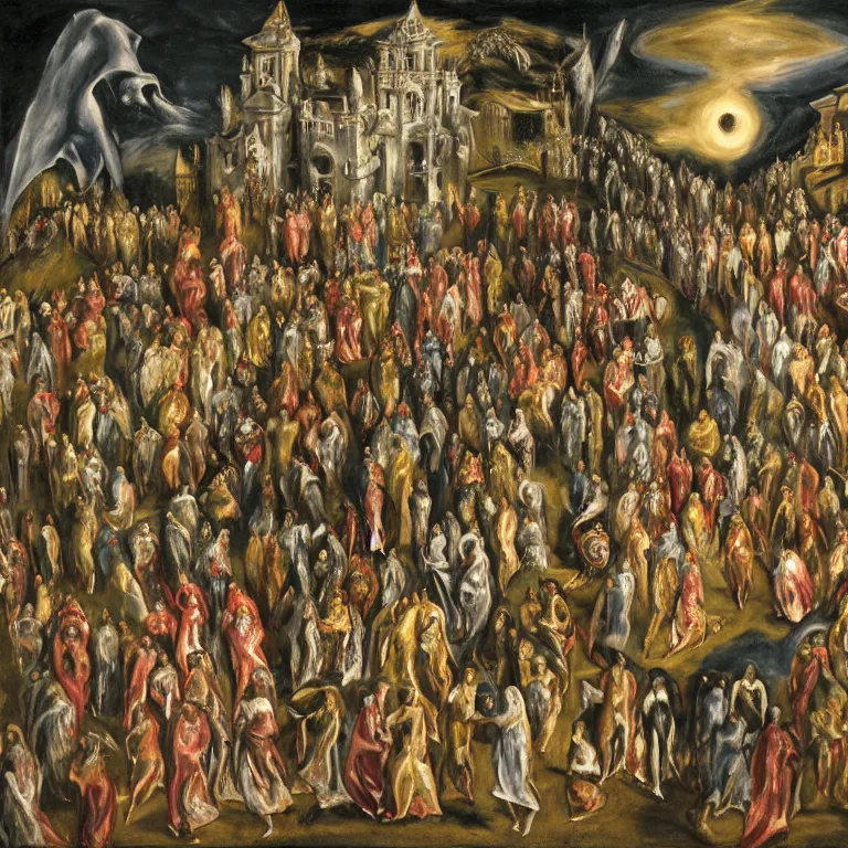 Image similar to A Holy Week procession of souls in a lush Spanish village at night. A figure at the front holds a cross, trending on artstation, highly detailed, 50mm, by El Greco, Remedios Varo y Salvador Dali.