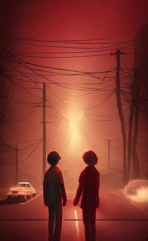 Image similar to stranger things inspired wallpaper, red ambience, at night, creepy over the street in the background, dynamic lighting, photorealistic fantasy concept art, trending on art station, stunning visuals, creative, cinematic, ultra detailed