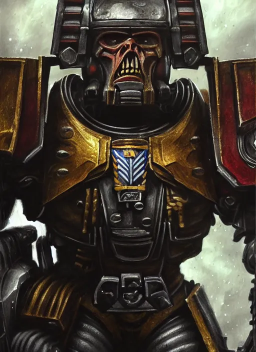 Image similar to portrait of willem dafoe as a space marine, intricate, warhammer, warhammer 4 0 k, highly detailed, digital painting, concept art, sharp focus, illustration, muted colors, grim dark, moody, gloomy, art by john blanche, by pedro nunez, by jaime martinez, by nacho molina