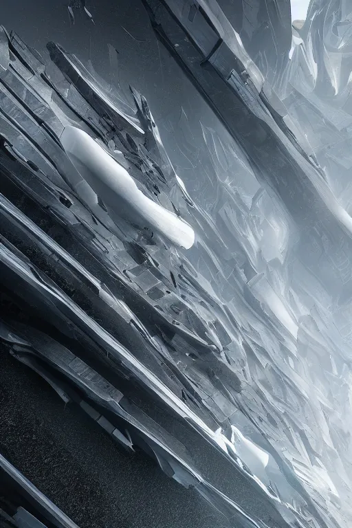 Image similar to professional landscape photograph of a large beautiful neo - futuristic matte symmetrical interstellar jet docked by monolith by joseph cross, denis villeneuve, emmanuel shiu, zaha hadid, vapor, stunning cinematic architectural scale, dramatic, volumetric, concept art, hard surface, hyperrealism, very high detail, trending on artstation, sharp focus, rendered in octane