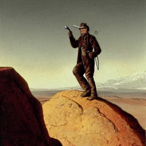 Prompt: 19th century scruffy american trapper, standing on top of boulder, overlooking martian landscape, pulp science fiction illustration