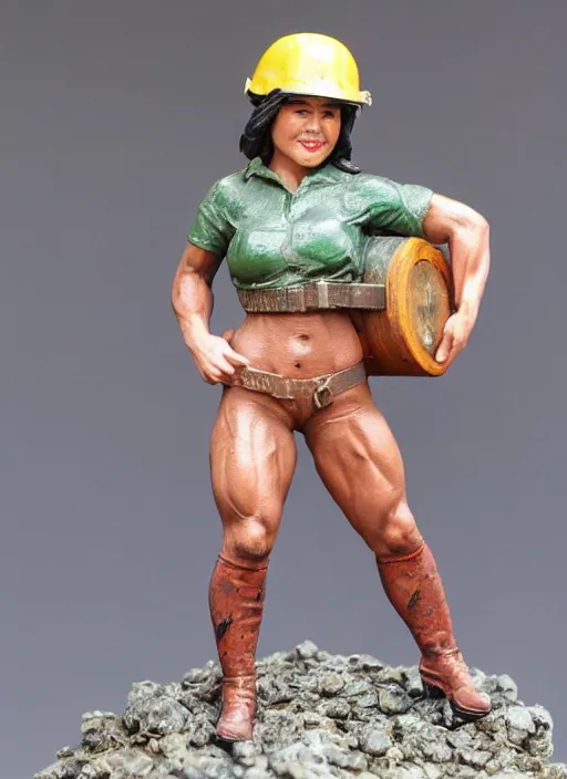 Prompt: 80mm resin detailed miniature of a very Muscular miner woman, tops, helmet, stomach, navel, boots, Logo, textured base; Product Introduction Photos, 4K, view from front