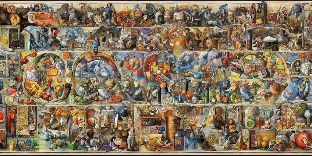 Image similar to periodic table of consciousness in the style of heironymus bosch, intricate colorful masterpiece, hyper detailed, hd