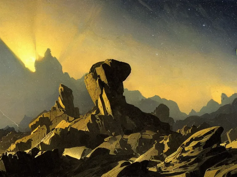 Image similar to an oil painting of a cracked plane on an alien planet with a distant mountain range at dusk with aurora lighting up the sky by carl spitzweg and tuomas korpi. baroque elements, full-length view. baroque element. intricate artwork by caravaggio. Trending on artstation. 8k