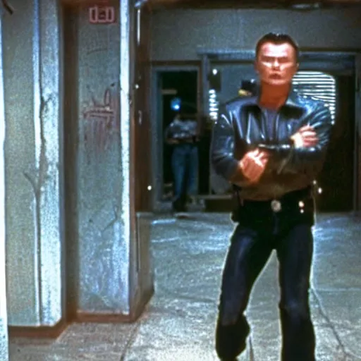 Prompt: film still of leonardo di caprio as t - 1 0 0 0 walking through bars in prison scene in terminator 2 1 9 9 1