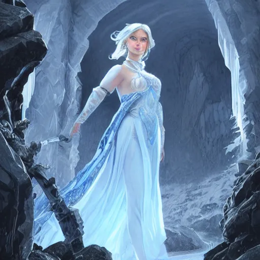 Image similar to ice princess standing in doorway to blue ice glacier fortress, fantasy, intricate, elegant, highly detailed, digital painting, artstation, concept art, matte, sharp focus, illustration, art by artgerm and greg rutkowski and alphonse mucha