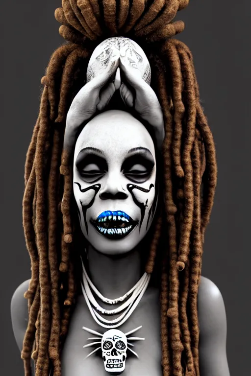 Image similar to a voodoo priestess with dreadlocks and a skull mask, a character portrait by Candido Bido, featured on zbrush central, afrofuturism, freakshow, antichrist, macabre, 8k, extremely highly detailed digital painting, creepy, powerful, haitian