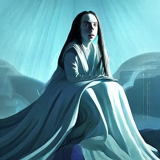 Image similar to closeup : billie eilish as the empress of the universe sits on stellar throne, concept art for a scifi film. by edward hopper. sharp focus, cinematic atmosphere, detailed and intricate, perfect anatomy, meticulous detail