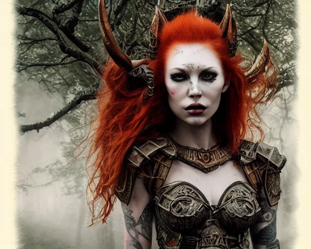 Prompt: 5 5 mm portrait photo of an armored gorgeous anesthetic redhead woman warrior with a face tattoo and demon horns growing from her head, in a magical forest in the style of stefan kostic, art by luis royo. highly detailed 8 k. intricate. lifelike. soft light. nikon d 8 5 0. cinematic post - processing