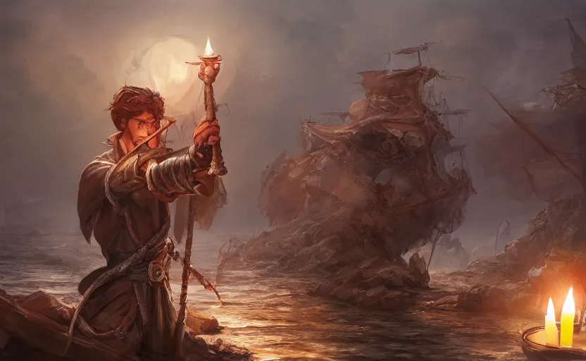 Image similar to concept art of a swashbuckler holding a candle holder discovering a sunken city, wearing a cape, grand ship, highly detailed, digital art, illustration, artstation, very detailed, 4 k