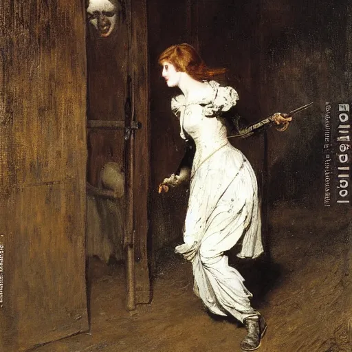Image similar to young victorian woman lost in a dungeon fighting a monster, by alfred stevens