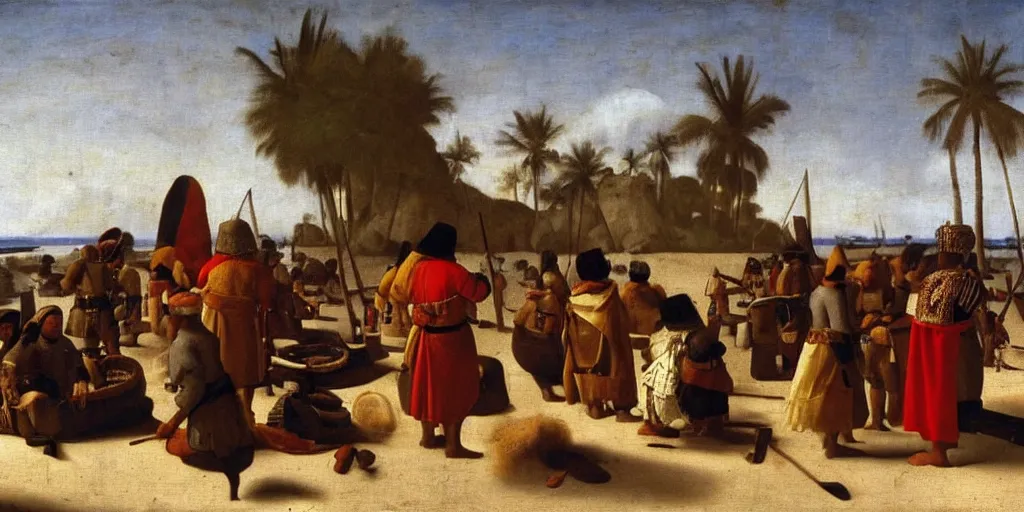 Image similar to arrival of javanese jonk on shores of mexico, majapahit soldiers meeting the aztec leaders on a beach in 1 5 6 7, 1 6 th century oil painting by vermeer, cinematic, highly detailed