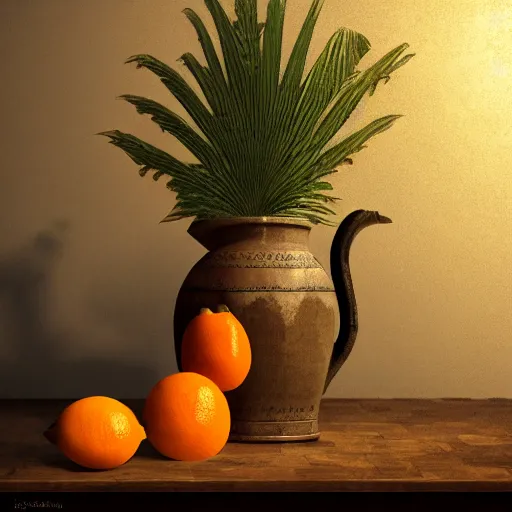 Image similar to still art, antique jug with palms inside on wooden antique table, old candle, much vegetables, lemon, orange, pepper, cinematic light, contrast shadows, dark light, detailed, digital art, concept art, trending on artstation, highly detailed, intricate, sharp focus, digital art, 8 k