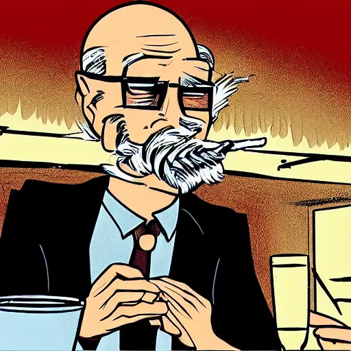 Image similar to An oldman, smoking, in a bar, Graphic Novel style , Wide Angle