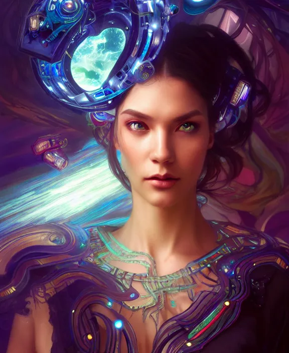 Image similar to a whirlwind of souls rushing inside the metaverse, half body, glowin eyes, tiara with sapphire, pharaoh, android, cyberpunk, d & d, fantasy, intricate, elegant, highly detailed, colorful, vivid color, digital painting, artstation, concept art, art by artgerm and greg rutkowski and alphonse mucha and ruan jia