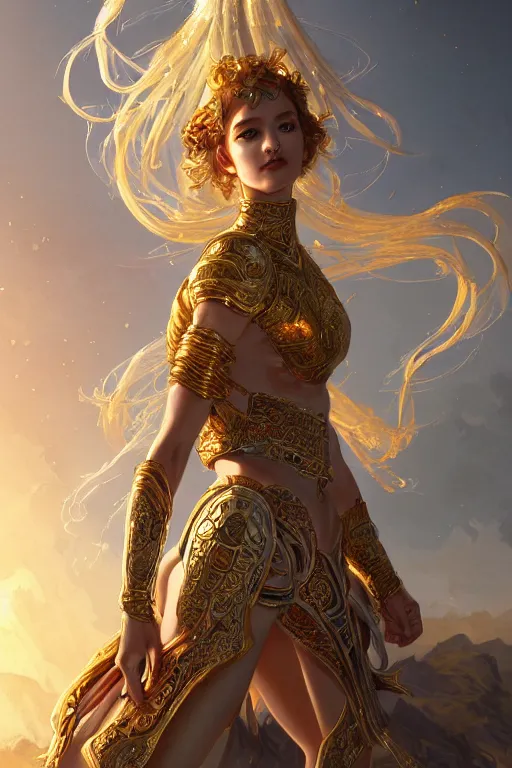 Image similar to portrait knights of zodiac girl, golden and copper shining armor, karate pose, in ruined agora of athens sunrise, ssci - fi and fantasy, intricate and very very beautiful and elegant, highly detailed, digital painting, artstation, concept art, smooth and sharp focus, illustration, art by tian zi and wlop and alphonse mucha