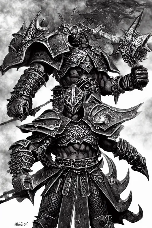 Image similar to chaos warrior, fantasy, warhammer, highly detailed, digital art, sharp focus, trending on art station, kentaro miura manga art style