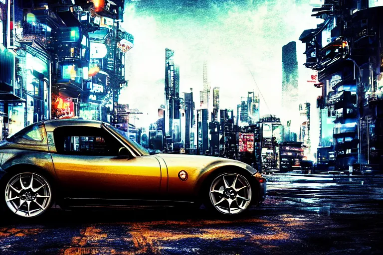 Prompt: photo of a mazda miata im a cyberpunk city, cyberpunk cityscape, futuristic, digital art