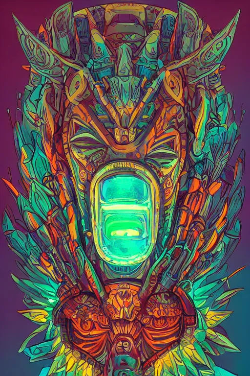 Image similar to totem animal tribal chaman vodoo mask feather gemstone plant wood rock video game illustration vivid color borderlands by josan gonzales and dan mumford radiating a glowing aura global illumination ray tracing