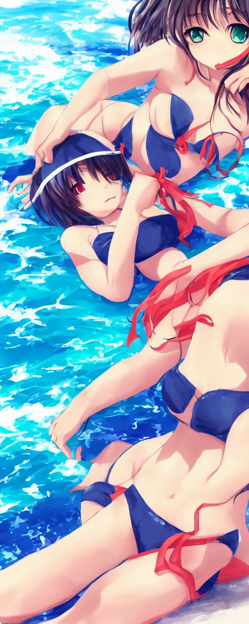 Image similar to beautiful anime girl wearing swimsuits and lying at the beach, draw by kaisen _ chuui | safebooru image search | konachan 1 0 8 0 p wallpaper | yandere image search