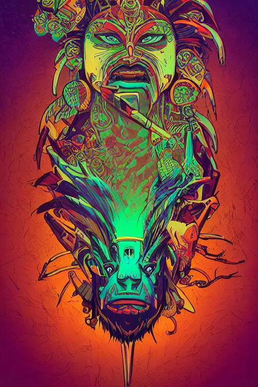 Image similar to totem animal tribal chaman vodoo mask feather gemstone plant wood rock video game illustration vivid color borderlands by josan gonzales and dan mumford radiating a glowing aura