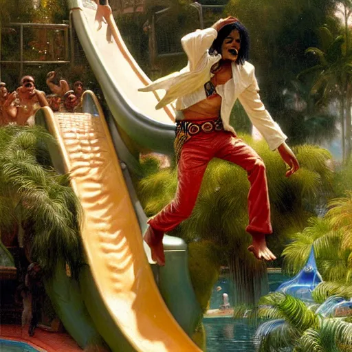 Image similar to michael jackson going down a waterslide with a monkey, highly detailed painting by gaston bussiere, j. c. leyendecker, greg rutkowski, craig mullins 8 k