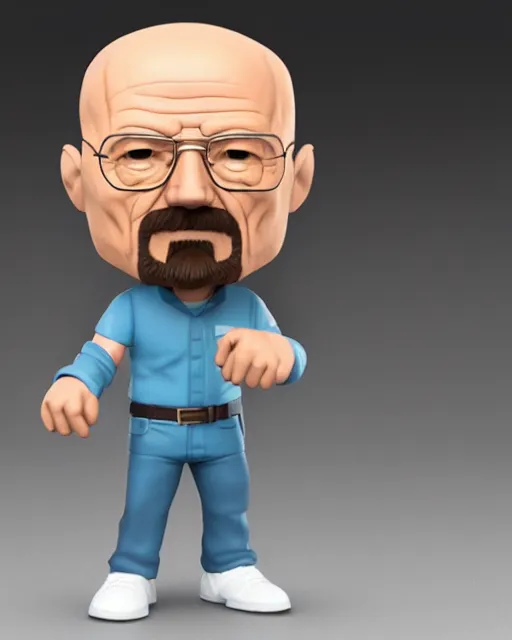 Image similar to full body 3d render of Walter White as a funko pop, studio lighting, white background, blender, trending on artstation, 8k, highly detailed