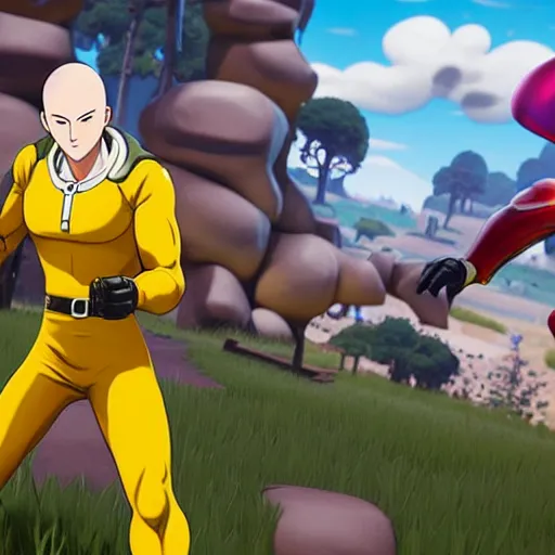 Image similar to one punch man in fortnite, character render, full body shot, highly detailed, in game render