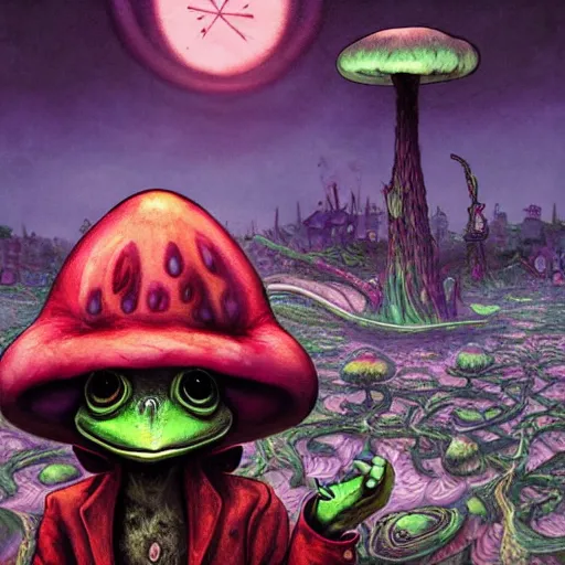 Image similar to A centered chest up portrait of a psychedelic demonic anthropomorphic frog smoking a hand-rolled cigarette smoking heavily , magic mushroom village in background . award winning. superb resolution. in the art style of junji Ito and greg rutkowski . Detailed Mushroom city in background. Hyper realistic anime. Perfect art. Dalle2