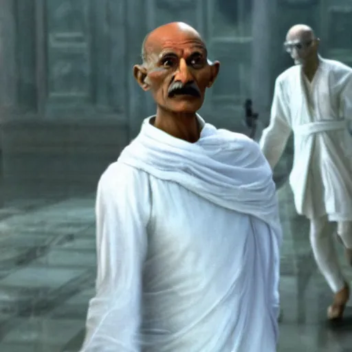 Prompt: Mahatma Ghandi in the Matrix, movie still, 4k